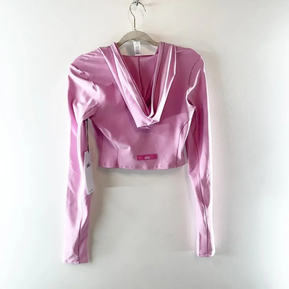 Alo Alosoft Sincere Fitted Full Zip Cropped Hoodie Jacket Candy Heart Pink Small